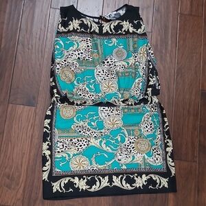 Sandra Darren Black with Teal & Gold Designed Sleeveless Dress size 18